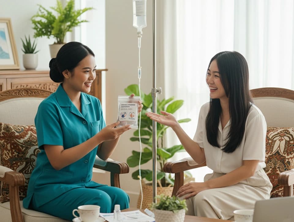 Doctor and nurse administering IV drip treatment for fast recovery at Clinic Cepat Sehat